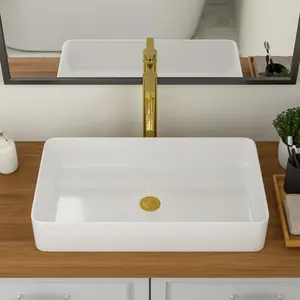 Logmey 24" Ceramic Bathroom Vessel Sink - Rectangular Above Counter Mount Vanity Sink in White with Modern Design, 24x14 inch Bathroom Basin with Poplar Wood Base