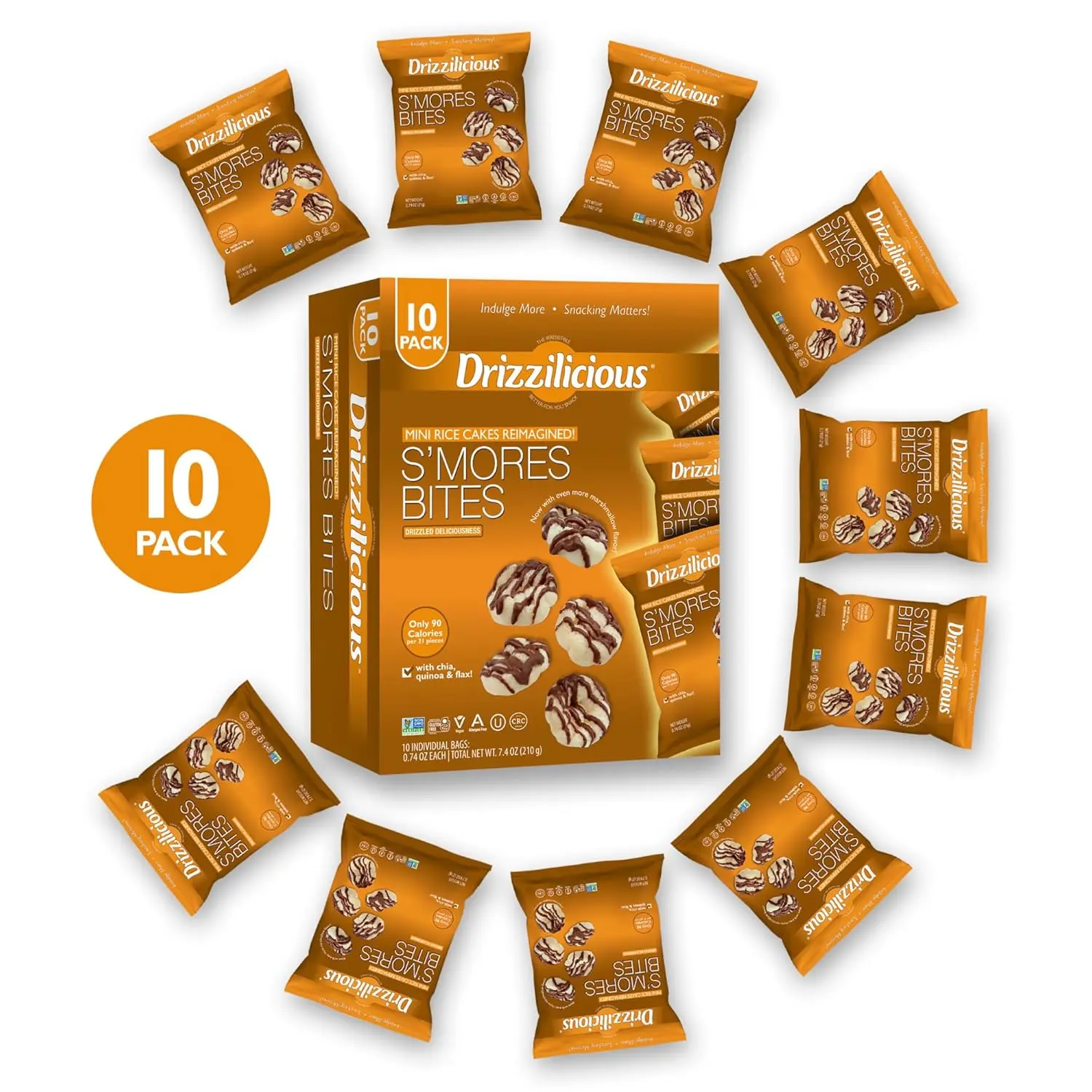 Drizzilicious Mini S'mores Flavored Rice Cakes - (Pack of 10) 0.74 oz Bags Rice Crisps Dessert, 90 Calories Per Bag, Vegan, Gluten-Free, Allergen-Free Healthy Snack for Adults
