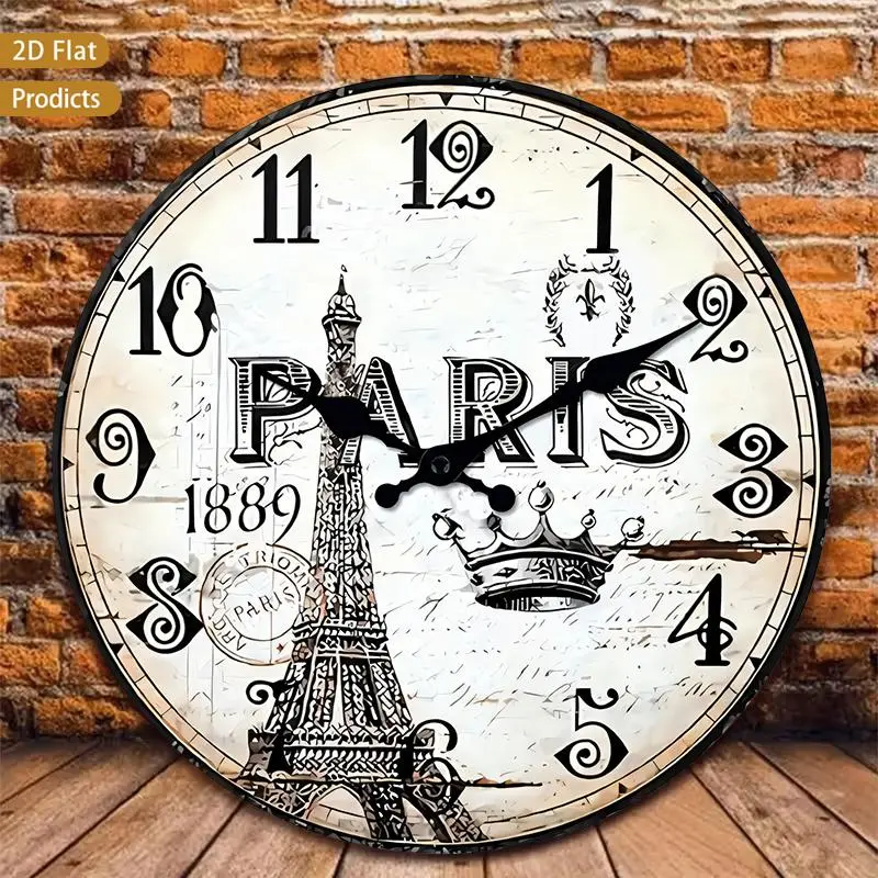 1pc Vintage Paris Eiffel Tower Wall Clock - Silent Non-Ticking Large 12 Inch French Landmark Design, Wood Frame, Battery- (AA Required, Not Included) for Nursery, Room, Kitchen, Bedroom, Living Room Decor, 2D Flat 12x12inch