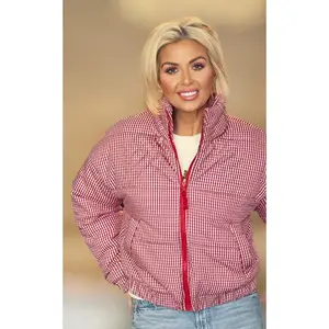 Check Me Out Red & White Gingham Zip-Up Puffer Jacket Womenswear Padded Cropped Everyday 100% Cotton Coats