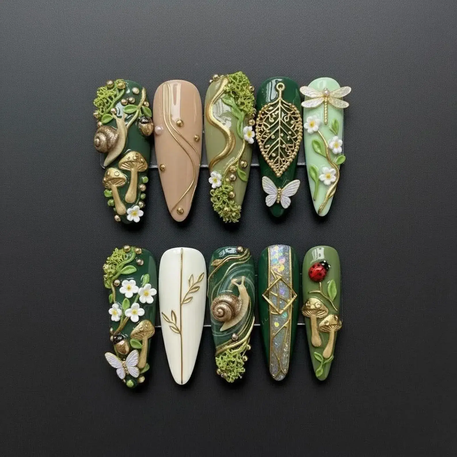 Handmade Enchanted Forest Press On Nails, Snail Butterfly & Mushroom Charm Art