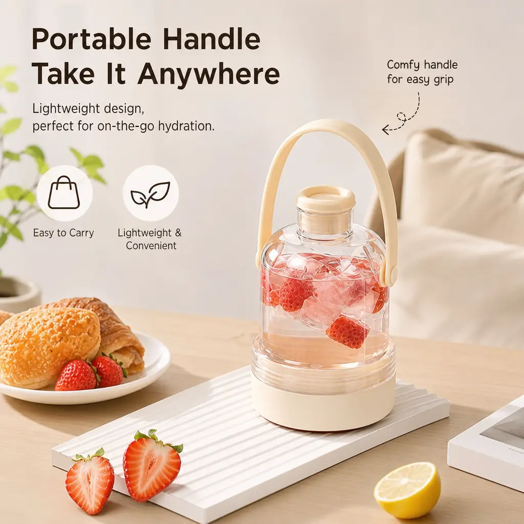 1 Count, Portable Clear Water Bottle with Built-in Ice Tray, Silicone Carry Handle, Sealed Leakproof Design for Summer Outdoor and Home Daily Use