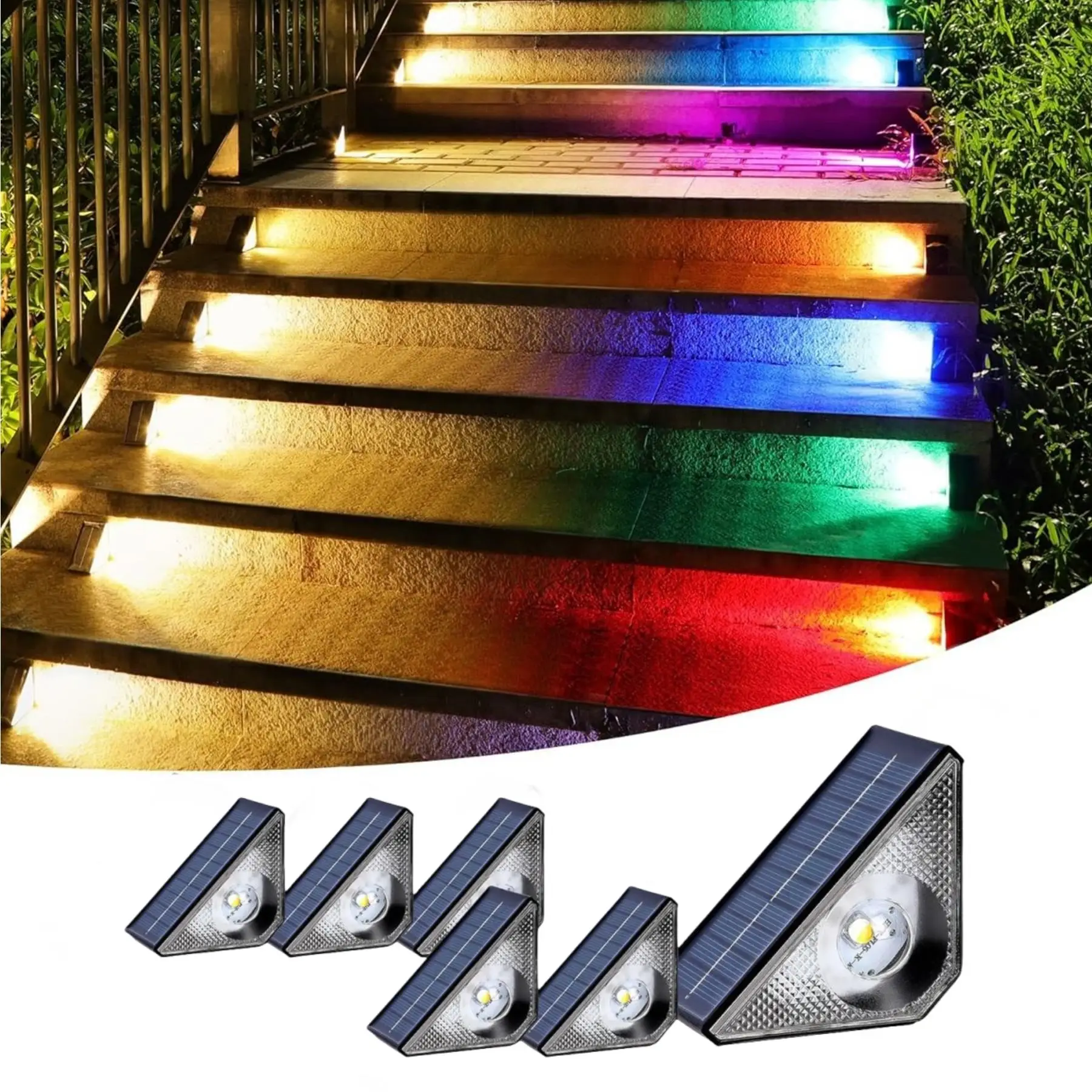 FabStyl RGB Solar Step Stair Lights, Warm White & 7 RGB Color, Waterproof Outdoor Step Lights, Solar Triangle Lights Decor for Garden Stair, Deck, Ste