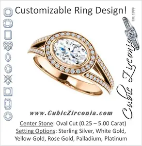 Cubic Zirconia Engagement Ring- The Kay Adaira (Customizable Bezel-set Oval Cut with Halo and Split-Pavé Band)