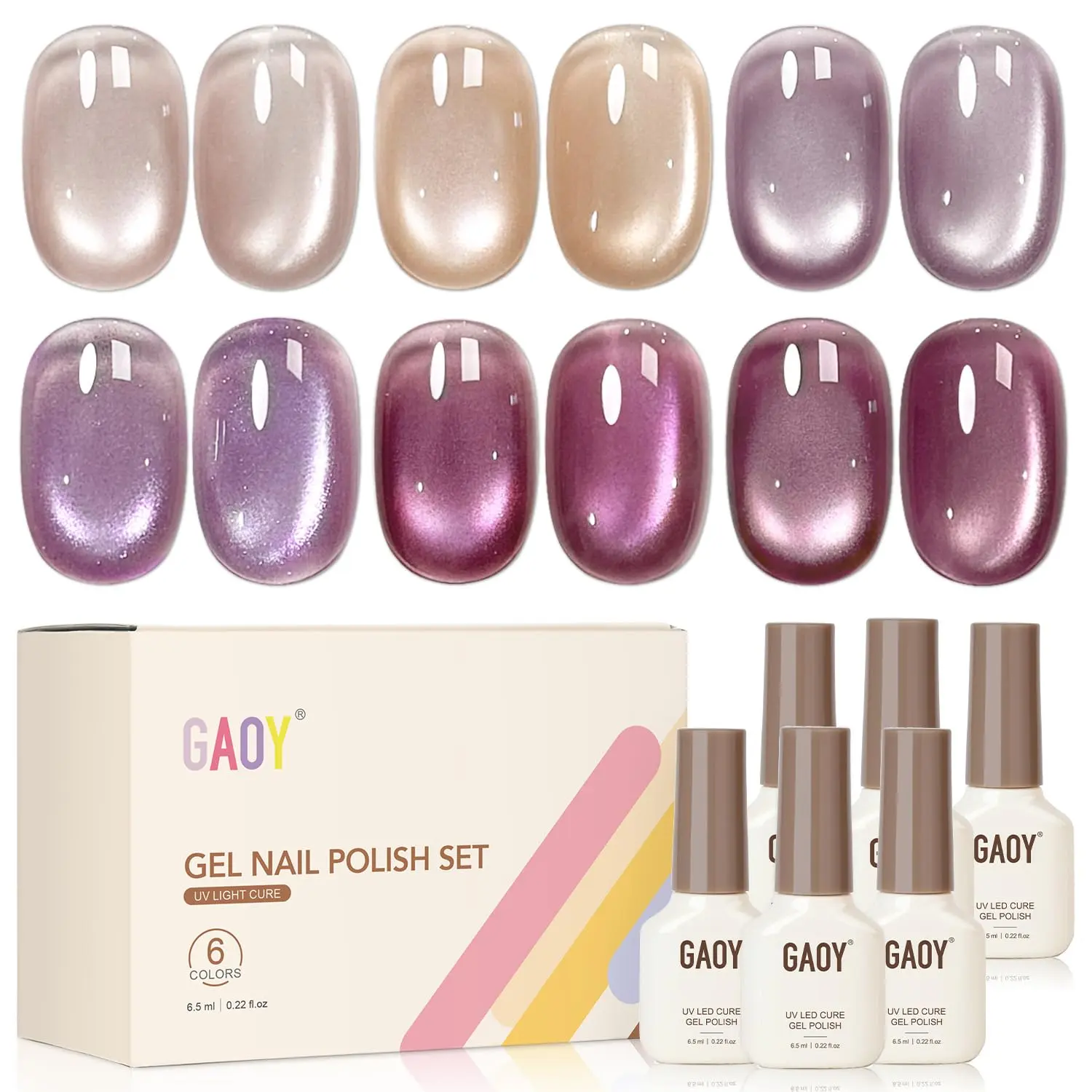 GAOY Glass Bead Cat Eye Gel Polish Kit, 6 Colors Autumn Winter Popular Purple Pink Glitter UV Gel, Magnetic Soak Off Cure Gel, DIY Nail Art Manicure for Home & Salon