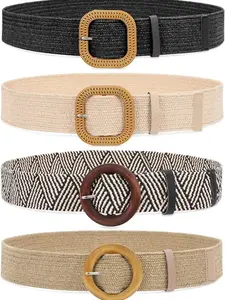 Set of 4 Straw Woven Elastic Stretch Waist Belts for Women, Fashion Boho Ladies Braided Skinny Dress Belt