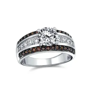 3CT CZ Solitaire Engagement Ring 3-Row Pave Band Clear & Brown Silver Plated Cubic Zirconia Rings Brass Ring