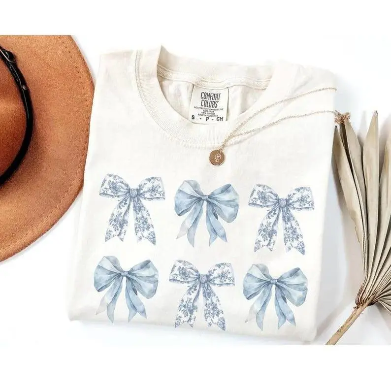 oile Bow Shirt Blue Coquette Tshirt Cute Ribbon Tee Comfort Colors Shirt Girly Girl Aesthetic Gift for Her