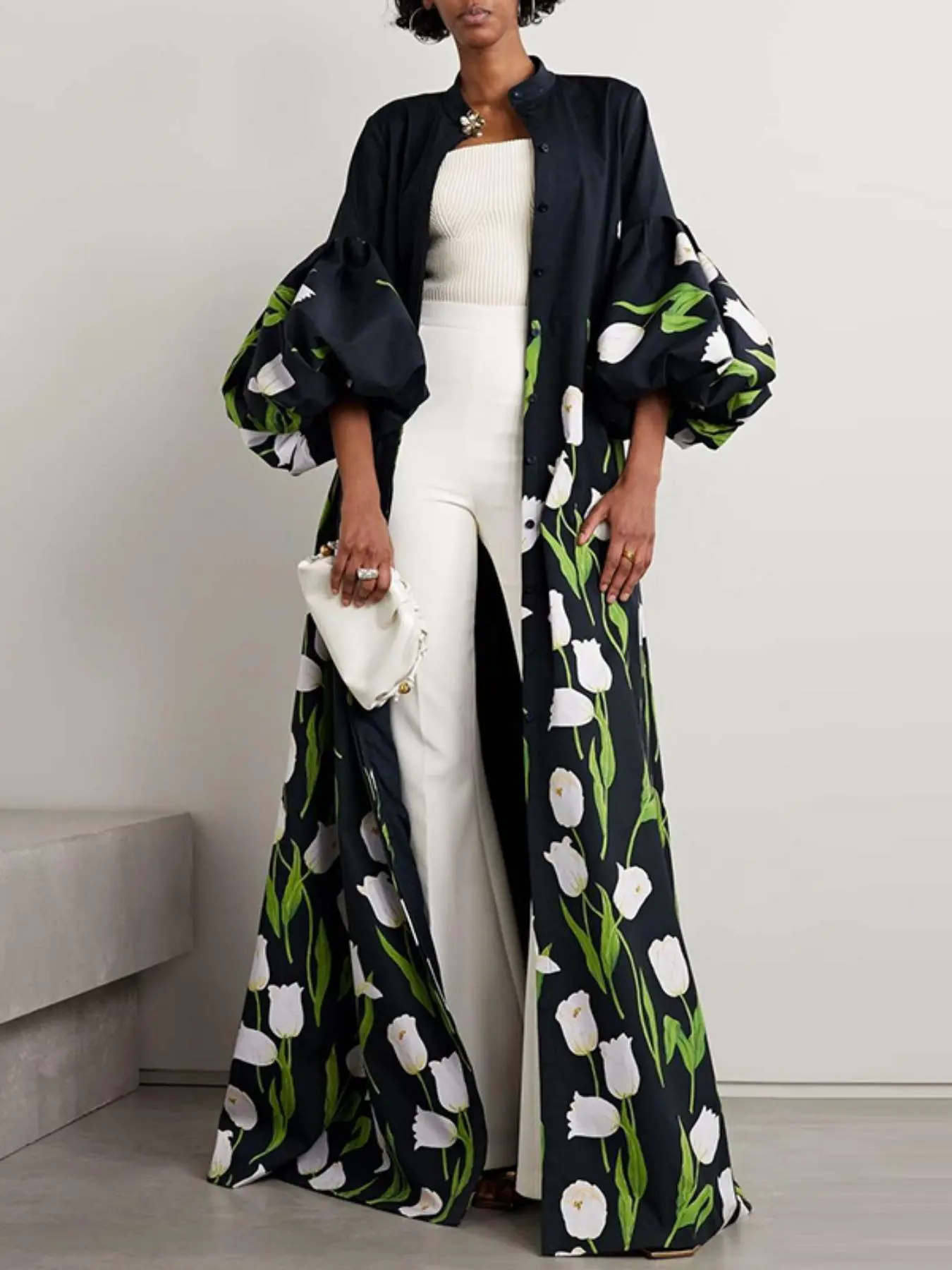 Women's Floral Print Puff Sleeve Button Front Oversized Loose Trench Coat, Casual 3/4 Sleeve Round Neck Outerwear for Daily Wear, Ladies Clothes Womenswear for All Seasons, Winter Coats Women