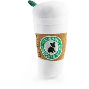 Starbarks Frenchie Roast Coffee Cup Plush Squeak Dog Toy with Lid - 4/7/10 Inches - Durable Mesh Lining for Tough Chewers - Parody Design Based Pet Toy