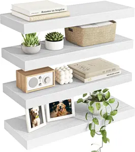 15.8in Floating Shelves, Rustic Wood Finish Wall Shelves Set of 4, Shelves for Wall Decor, with Invisible Brackets for Bathroom, Living Room,Bedroom and Kitchen(White)
