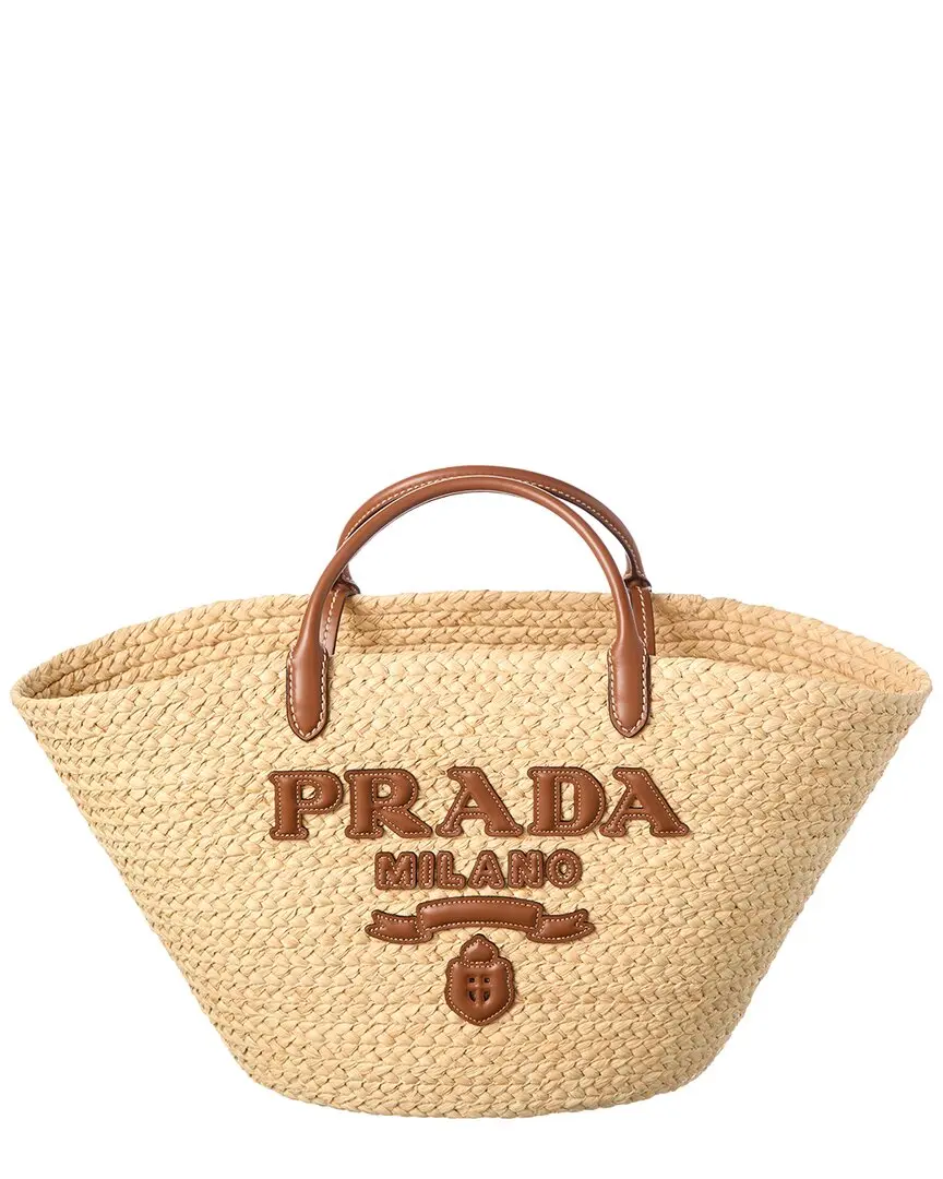 Prada Large Raffia & Leather Shopping Tote