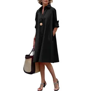 Chouyatou women's spring and summer loose long-sleeved solid color dress casual cotton button-down mid-length shirt dress