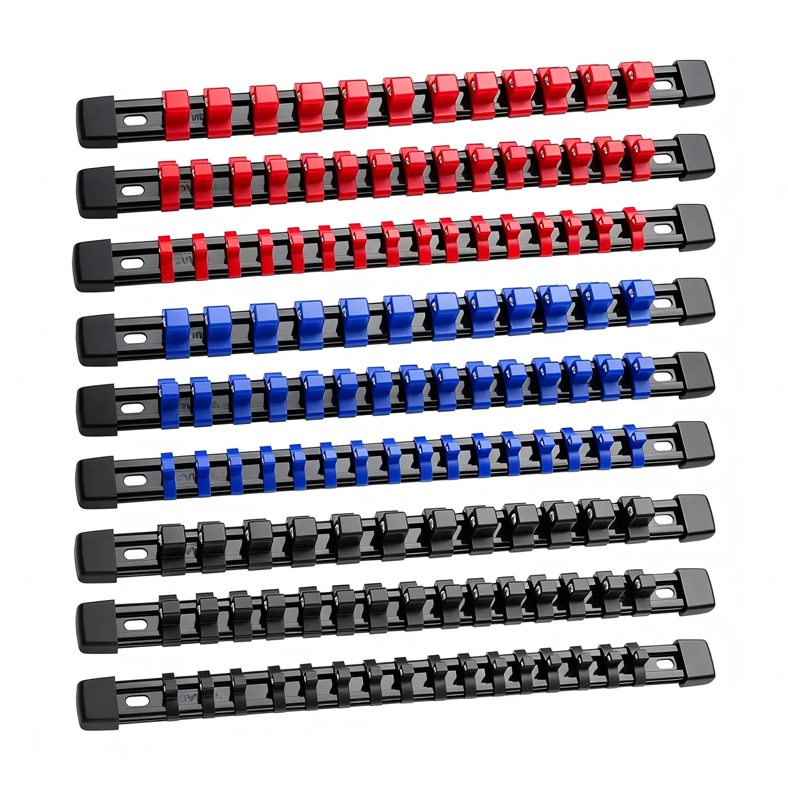 9-Piece Socket Organizer with Multi-Size Slots, 1/4"-3/8"-1/2" Clip-On Rail, Heavy-Duty ABS Plastic Holder, Wall-Mountable Garage Storage Racks