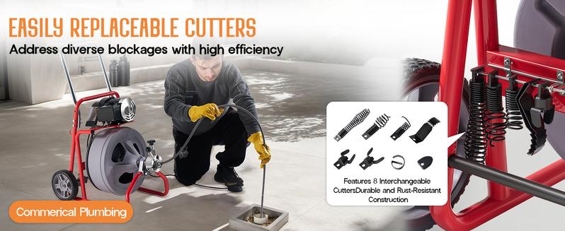 VanAcc Drain Cleaner Machine Auto Feed Sewer Snake Drain Auger with 8 Cutter for 2" to 4" Pipes, Clog Hair Remover Tool for Bathroom Kitchen