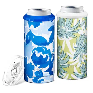 THILY Skinny Can Cooler for Slim Beer & Hard Seltzer, Vacuum Insulated Drink Holder for 12 oz Slim Cans | Stainless Steel Travel Insulated Tumbler with Lid, 2 Pack(Blue Maple + Chrysanthemum)