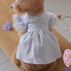 Sky Blue Pet Wedding Dress with Lace Ruffle Collar & Flared Skirt - Hand Wash Only Spring/Summer Outfit for Small to Medium Dogs & Cats, Easy Slip-On Party Costume for Weddings & Photo Shoots, Soft Fabric Gown