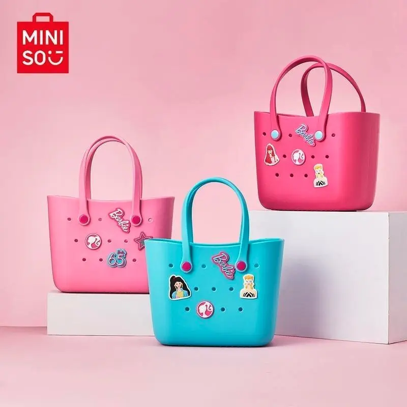 [Crochet Bag with Accessories]Miniso BARBIE Water-Resistant Tote Bag - Recycled, Adjustable Handle Flip Beach Bag, Mom Gift, Summer Vacation Must-Have for Swim, Work