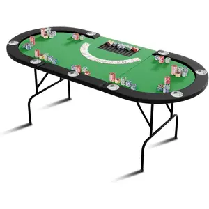 Poker Table Foldable,Texas Holdem Poker Table w/Folding Legs,9 Cup Holders & Poker Chips Tray,9 Players GamingTable for Blackjack, Club, Casino Gambling