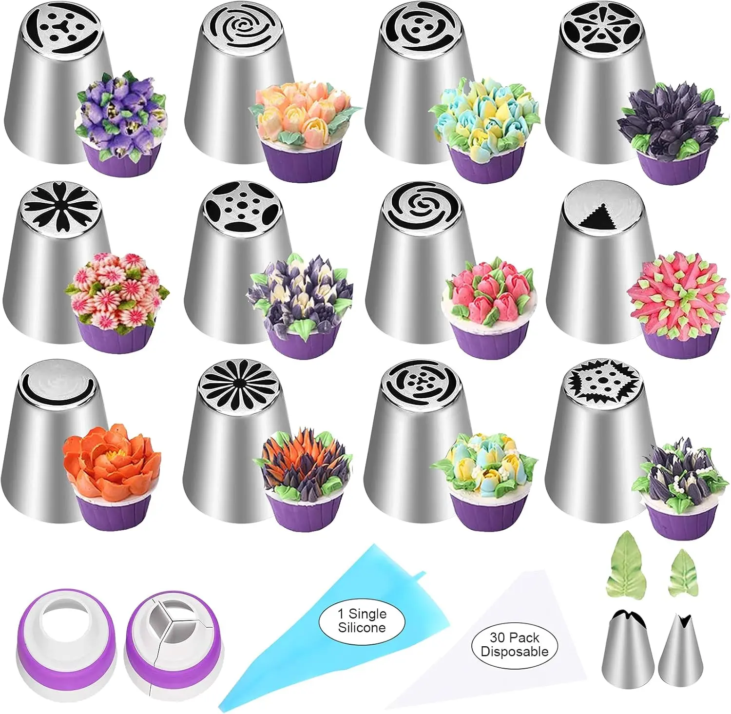 count Russian Piping Tips Set, 12 Flower Frosting Nozzles Icing Tips for Cake Decorating Tips Kit, Baking Supplies for Cookie Cupcake, 2 Leaf Piping Tips 2 Couplers 30 Pastry Baking Bags
