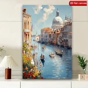 [2D Flat] A 2D Flat Canvas Art Print Featuring a Peaceful Scene of a Venetian Canal with Gondolas, Perfect As a Decorative Wall Poster for Home And Office. This Vibrant And Colorful Painting Serves As an Artistic Accent for Any Room