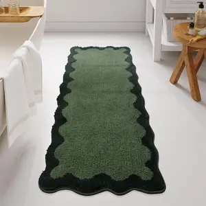 Bathroom Runner Rug, Green Large Water Absorbent Cute Bath Mat Non Slip Washable, 24x60 Soft Irregular Shaped Shaggy Microfiber Bath Runner Rug for Floor, Bathtub, Bedroom