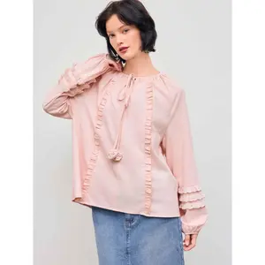 Cider [size 2-10] Cotton-blend Lettuce Trim Oversized Long Sleeve Blouse