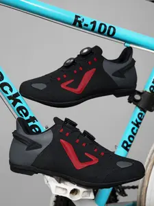 Unisex Cycling Shoes, Indoor Road Bike Shoes, Sporty PU Leather, Wide Fit, Colorblock Design, All Seasons, Professional Style
