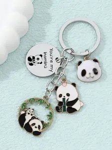 Creative Cute Panda Bamboo Oil-Drop Alloy Stainless Steel Keychain Kawaii, Cartoon Animal Charm Pendant, Trendy Gift for Friends and Family Fashionable Alloy Keychain