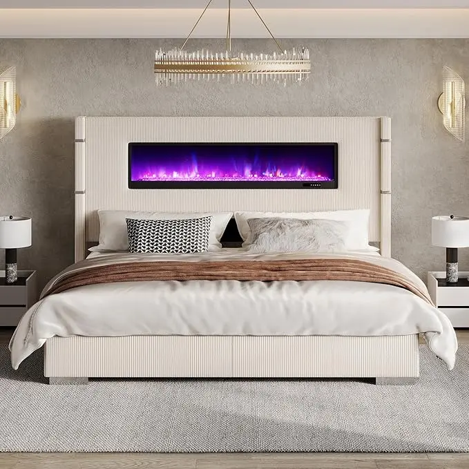 【Ships in 2 Boxes】AMERLIFE Modern Bed Frame with Fireplace, Wingback Platform Bed with 60.4“ Extra Tall Headboard, Corduroy Upholstered Bed Wooden Slats,Best Gift Ideas/Christmas Gifts
