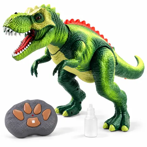 Remote Control T-Rex Dinosaur Toy with Mist Spray, Walking Action, Lights and Roaring Sounds, Footprint Remote