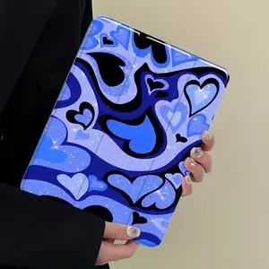 Y2K Psychedelic Heart Print iPad Case, Blue Glitter Aesthetic Protective Cover Auto Wake/sleep,Anti-Drop Scratch-Resistant,Transparent Acrylic Back,Fits iPad 7.9/8.3/10.2/10.5/10.9/11/12.9 13 inch,Shock-resistant Full Cover Ideal for Office