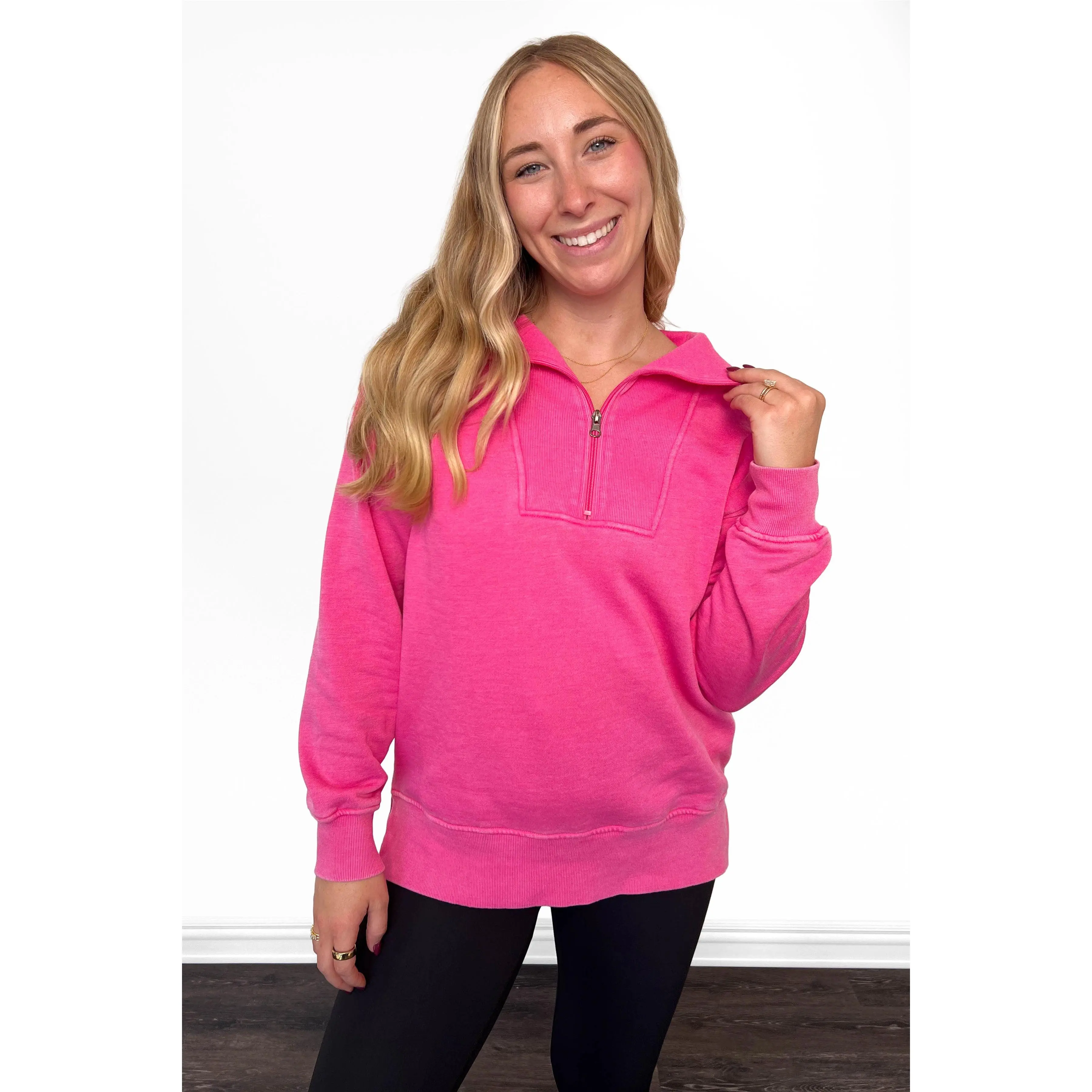 Women's Washed Quarter Zip Pullover - Soft Cotton Polyester Fabric with Ribbed Cuffs, Casual Long Sleeve Loungewear Top, Fits, Lady