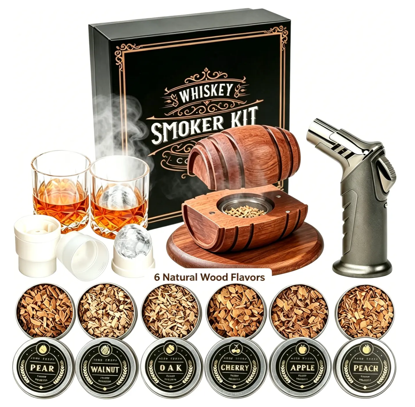 ComboJoy Whiskey Smoker Kit - Cocktail Smoker Infuser Set with 6 Wood Chip Flavors, Glasses & Ice Molds - Old Fashioned Drink Accessory, Bourbon Gift for Whiskey Lovers、for Men、for Dad