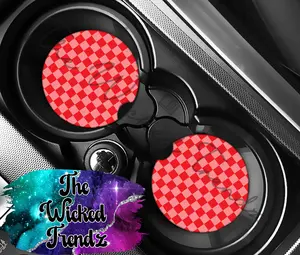 Cute Car Coasters Set of 2 Red Checkered Print Retro Cute Car Truck Accessories Decor Cup Holder New Car Gift Car Decoration Women Men Girl Car