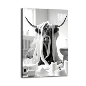 Funny Highland Cow Black And WhitePoster Oil Painting Printing Office Bedroom Aesthetic Decoration Canvas Wall Art Bar Cart Decor Aesthetic Prints Painting Decor