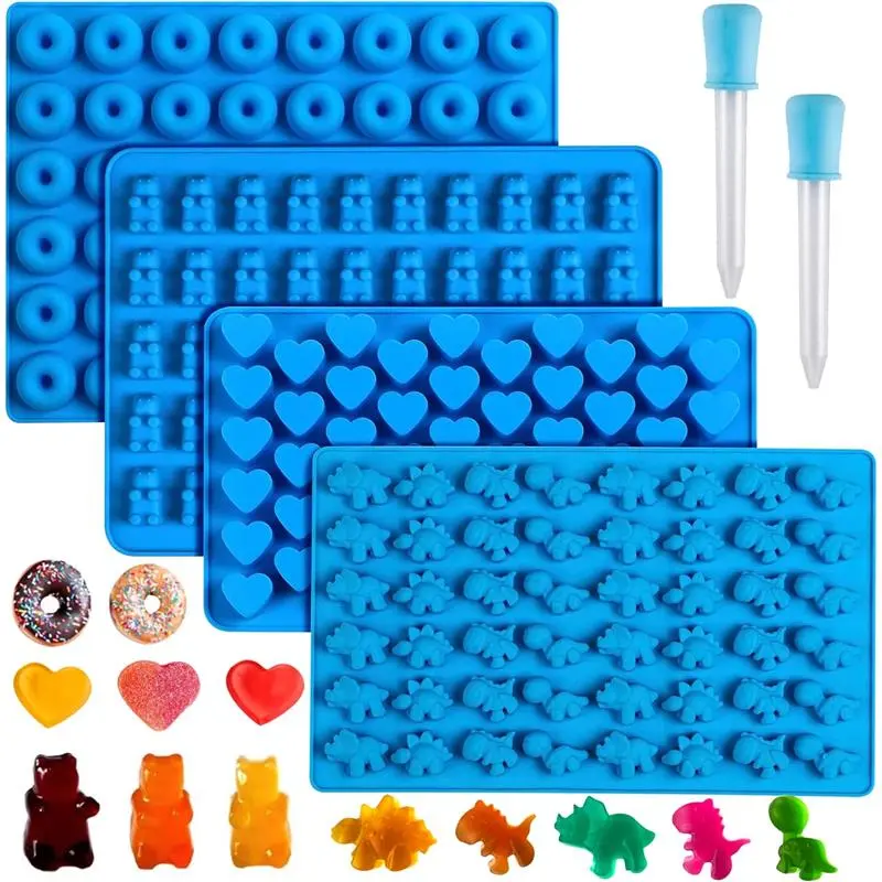 4Pcs Gummy Candy Bear Molds, Non-stick Silicone Chocolate Mold for Dinosaur, Donut, Heart, Silicone Candy Molds with 2 Droppers