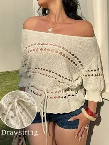 【Plus Size】Women's Summer Sexy One-Shoulder Hollow Out Cutout Tie Design Mid Sleeve Pullover, Fashion Casual Loose Fit Knit Top, Versatile Women's Clothing