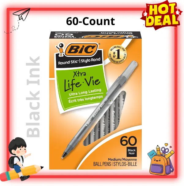 60 Pack Black Ink Ballpoint Pens, Smooth Writing Medium Point Pens, Long Lasting Ink Flow, Back to School Supplies for Students & Office