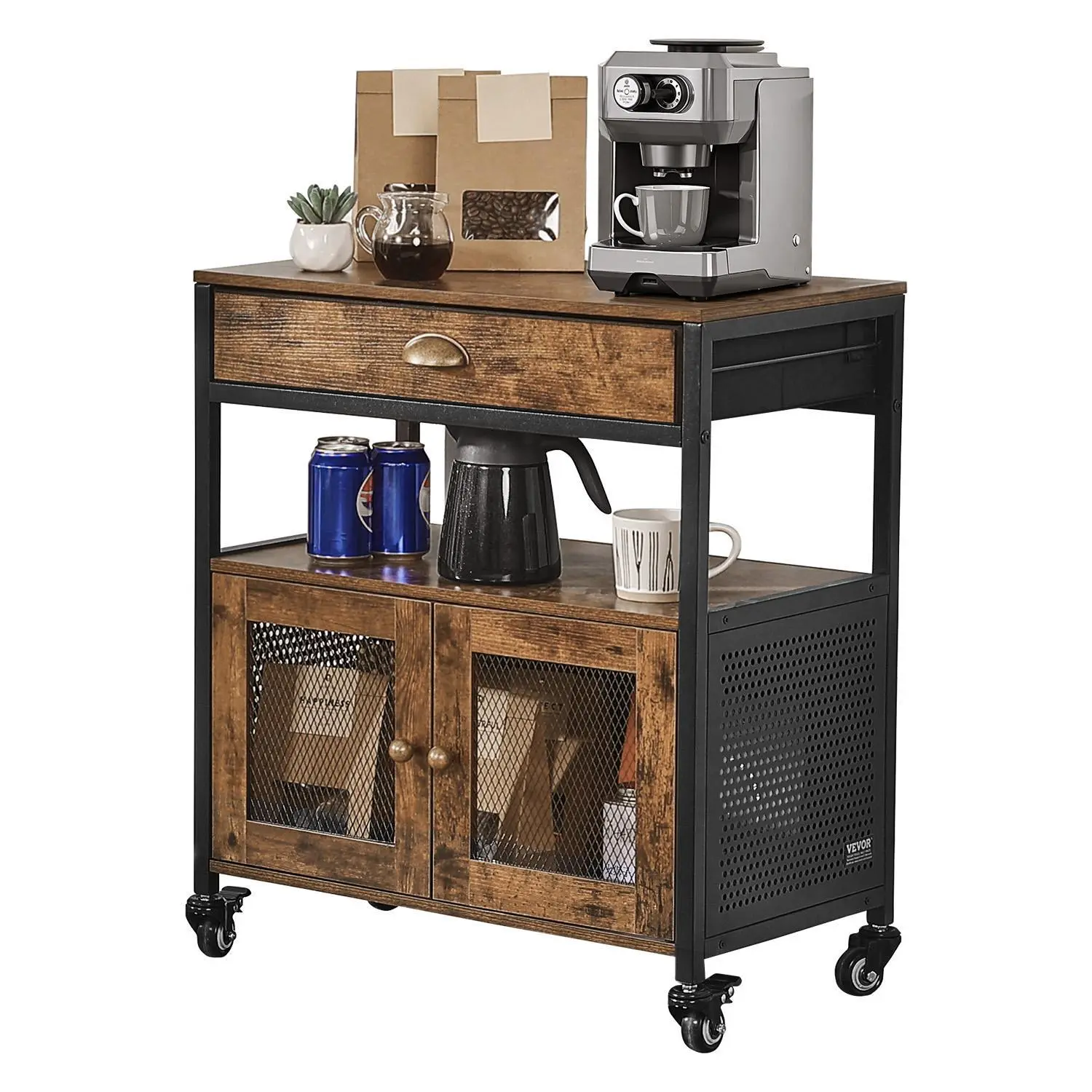 【SummerFinds】VEVOR 4-Tier Movable Farmhouse Style Wood Coffee Station Cabinet, Multi Layer Bar Cabinet with Wheels, Mesh Door, 110 lbs Capacity, Assembly Required, Easy Setup & Use, Multi Layer Cabinet