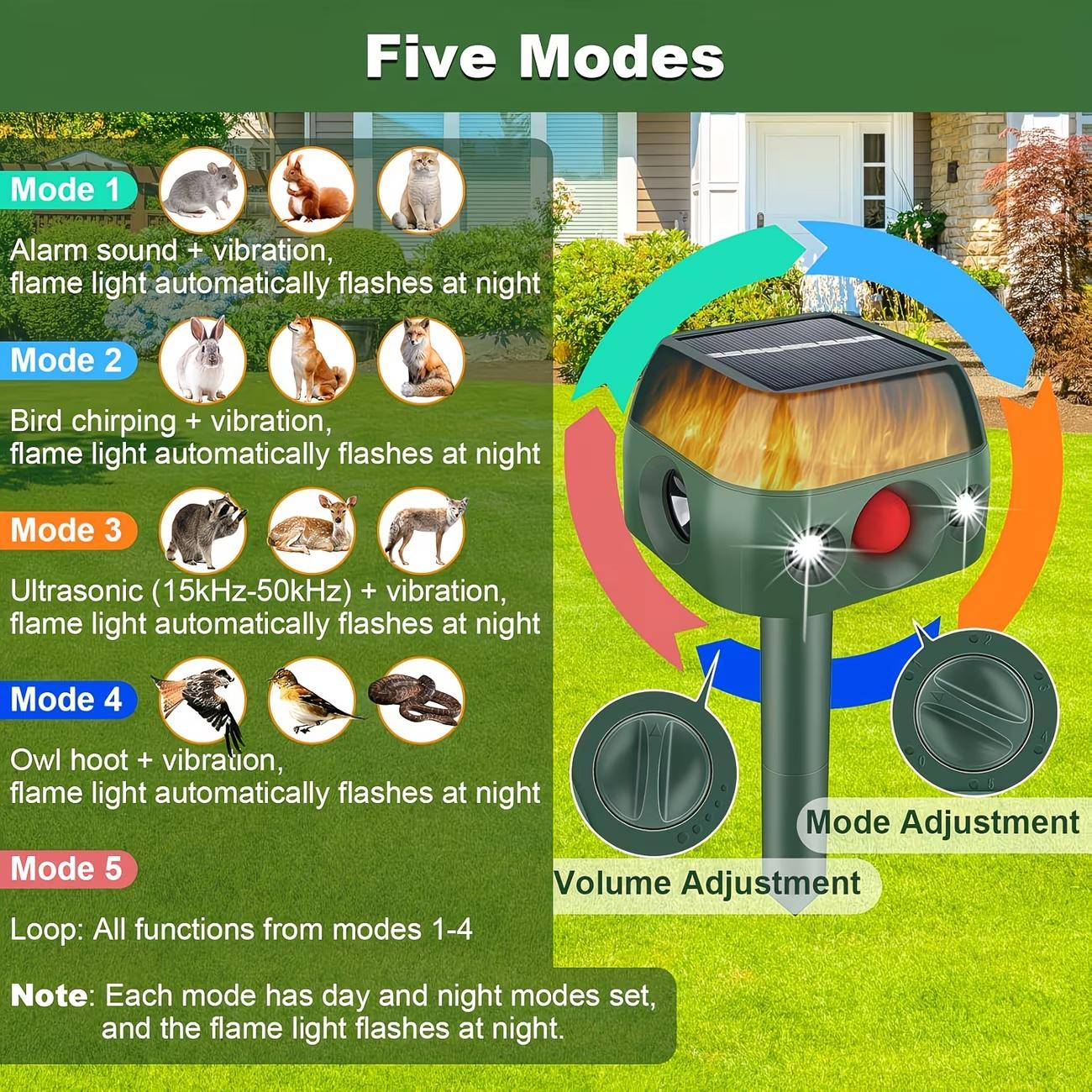 2026 Upgraded Solar-Powered Animal Repeller with Soundwave technology Flame Light & Motion Sensor - 360° Infrared Sensing, 5 Modes, Dog & Wildlife Deterrent for Birds, Skunks, Rabbits, Squirrels, Deer, Soundwave technology Solar Animal Repellent