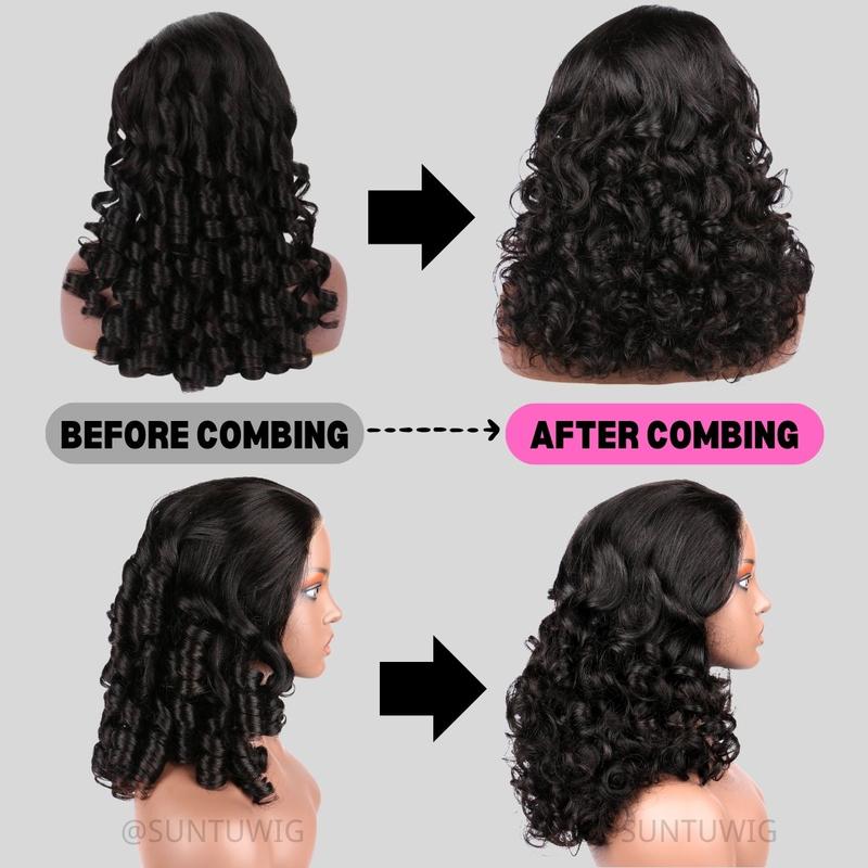 Suntuhair 250% Density Wig Blow Out Luxurious Bomb 12A Brazilian Human Hair Funmi Bouncy Curly Glueless Wigs Pre Plucked Hairline Pre Cut Lace 5x5 Lace Middle Part Closure Wigs Super Double Drawn Wig 90s Style
