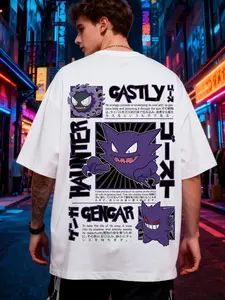Gengar pattern/loose-fitting T-shirt, dark ghost monster Japanese style T-shirt, fun unisex T-shirt for Japanese anime, movie, and game fans.