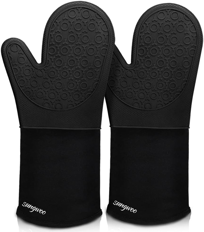 Extra-Long Silicone Oven Mitts 14.6” – Heat-Resistant Quilted BBQ & Baking Gloves with Non-Slip Grip for Cooking, Grilling & Kitchen Safety, 1 Pair, Black