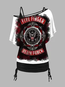 2025 Women's Tops Five Finger Death Punch Print Oblique Shoulder T-shirt And Cinched V Neck Spaghetti Strap Camisole Two Piece Set