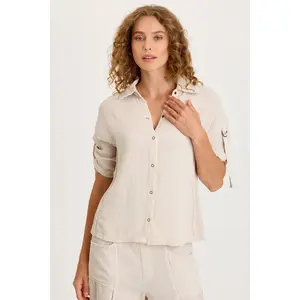 Kaleo Gauze Lace Trim Snap-Up Top