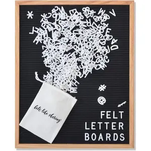 Black Felt Letter Board 16x20 Inches, Changeable with 348 White Plastic Letters, Warm Oak Frame w/Sawtooth Wall Hanger & Drawstring Pouch for Letter Storage
