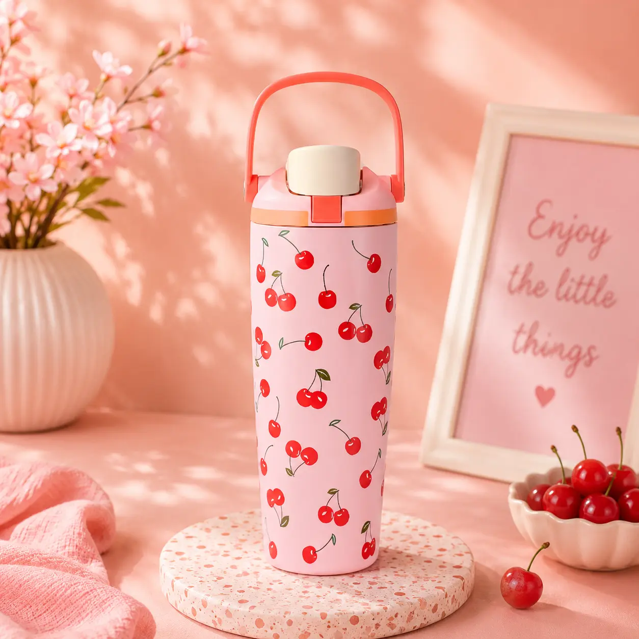 30oz Cherry Print Insulated Water Bottle, Pink Stainless Steel Travel Tumbler with Carry Handle and Leak-Resistant Lid