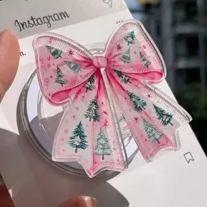 Christmas Pink Bow MagSafe Phone Grip.Christmas Tree Pattern Bow Magnetic Phone Holder, Kawaii Festive Popsocket, Cute Gift for Holiday