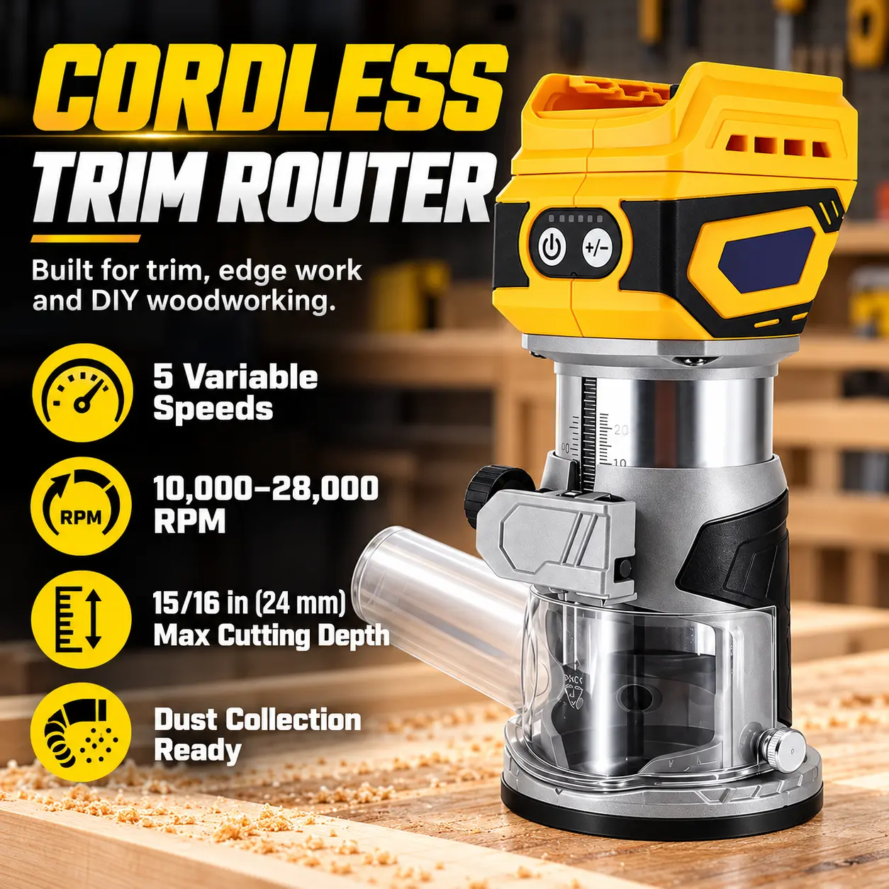 ELECMAPS 20V Cordless Wood Router, 800W Compact Palm Router, 6-Speed Adjustable, 28000 RPM, Fixed Base Wood Trimmer for Woodworking & DIY, Compatible with DEWALT 20V MAX Batteries, Battery Not Included